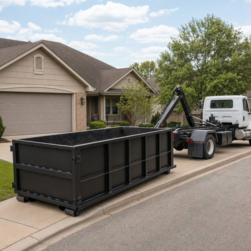Wide documentary shot of a matte-black roll-off dumpster on a Corona Delmar residential driveway in the foreground and a contractor jobsite container in the soft-focus background, bright daylight, calm and orderly composition.